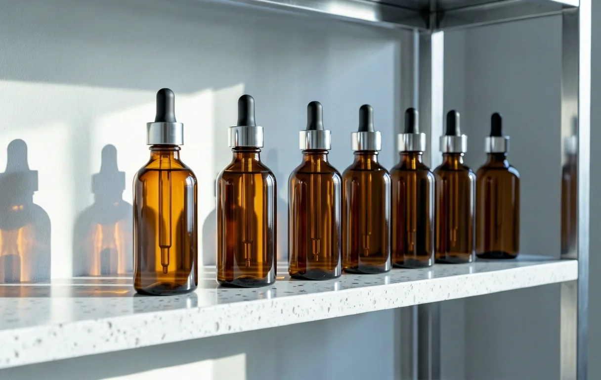 Apothecary bottles in sunlight